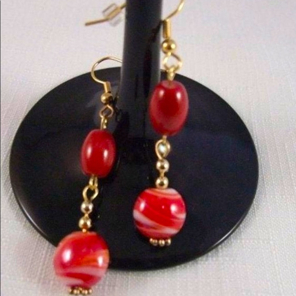 Handmade Red Lampwork Glass Dangle Earrings